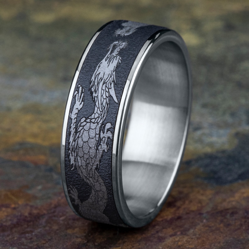 Main Image 4 of Men's Script Wedding Band 14K White Gold/Tantalum 7.5mm