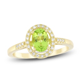 Oval-Cut Natural Peridot & Diamond Halo Ring 1/10 ct tw 10K Yellow Gold