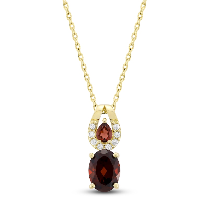 Main Image 1 of Oval & Pear-Shaped Natural Garnet & Diamond Double Drop Necklace 1/15 ct tw 10K Yellow Gold 18"