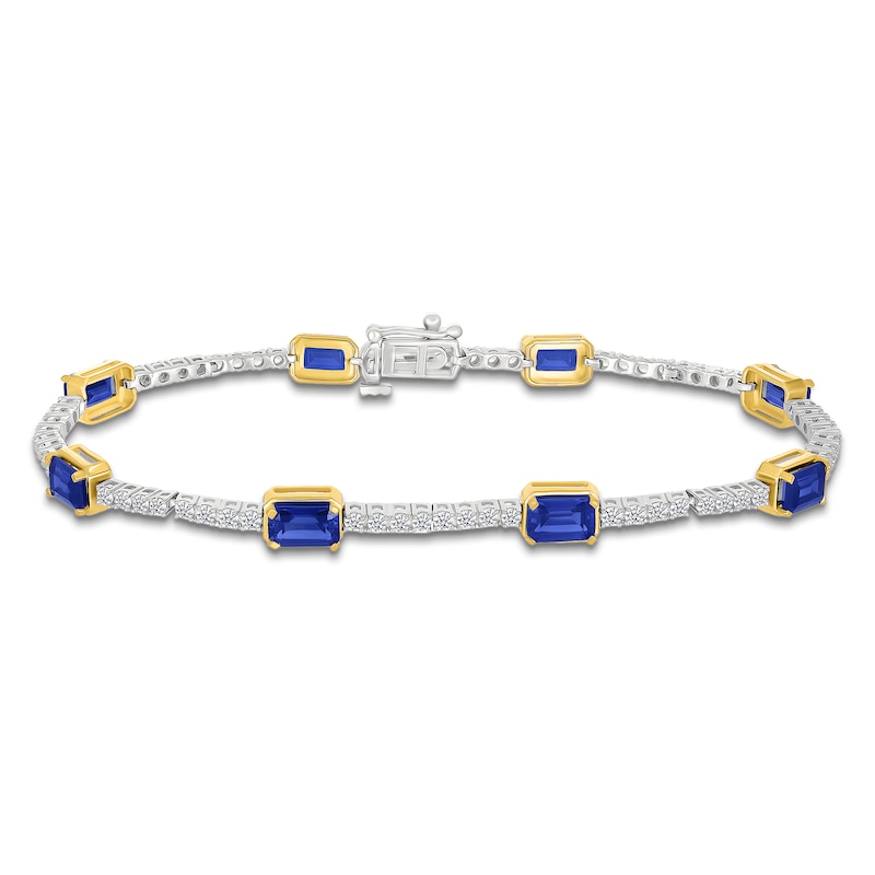 Main Image 1 of Rectangle-Cut Blue Lab-Created Sapphire & White Lab-Created Sapphire Station Bracelet Sterling Silver & 10K Yellow Gold 7.25"