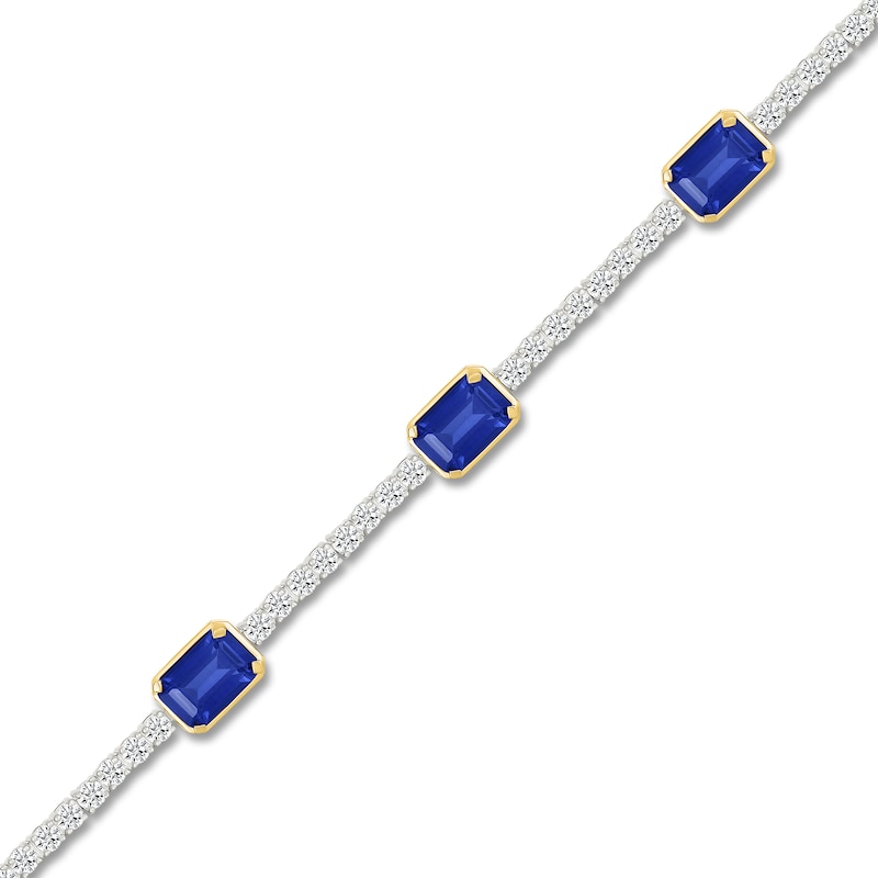 Main Image 2 of Rectangle-Cut Blue Lab-Created Sapphire & White Lab-Created Sapphire Station Bracelet Sterling Silver & 10K Yellow Gold 7.25"