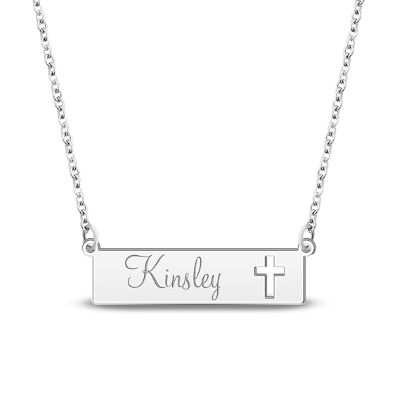 Engravable Name Bar Necklace with Cut-Out Cross Sterling Silver 18"