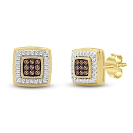 Men's Brown & White Multi-Diamond Stud Earrings 1/4 ct tw 10K Yellow Gold