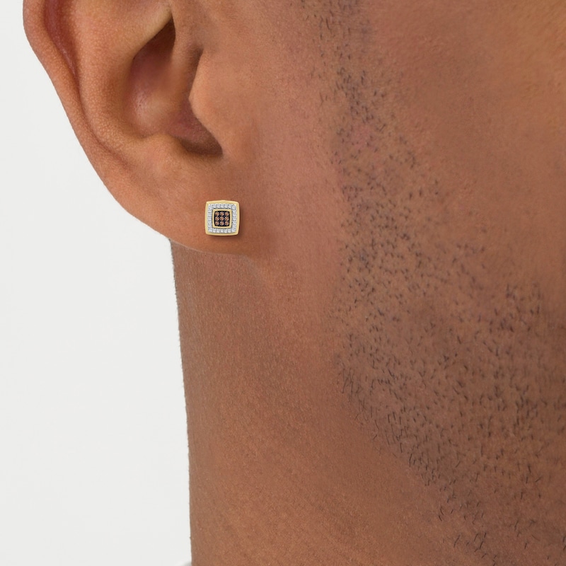 Main Image 3 of Men's Brown & White Multi-Diamond Stud Earrings 1/4 ct tw 10K Yellow Gold