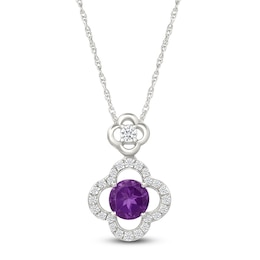 Natural Amethyst & White Lab-Created Sapphire Clover Halo Necklace Sterling Silver 18"