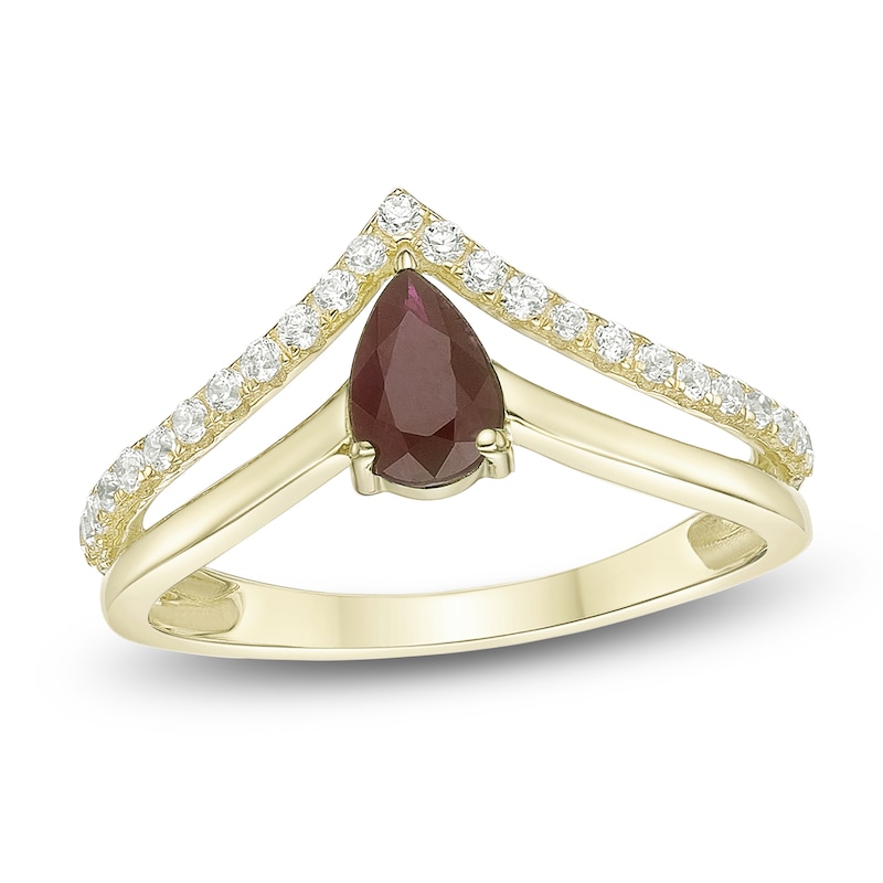 Main Image 1 of Pear-Shaped Natural Ruby & Diamond Split Chevron Ring 1/5 ct tw 10K Yellow Gold