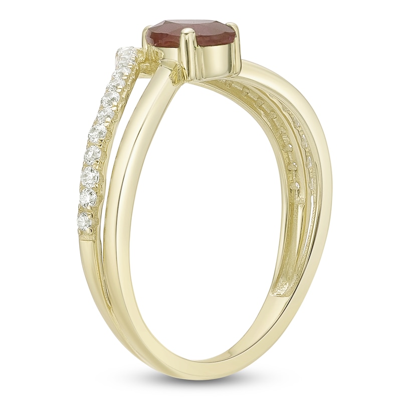 Main Image 2 of Pear-Shaped Natural Ruby & Diamond Split Chevron Ring 1/5 ct tw 10K Yellow Gold