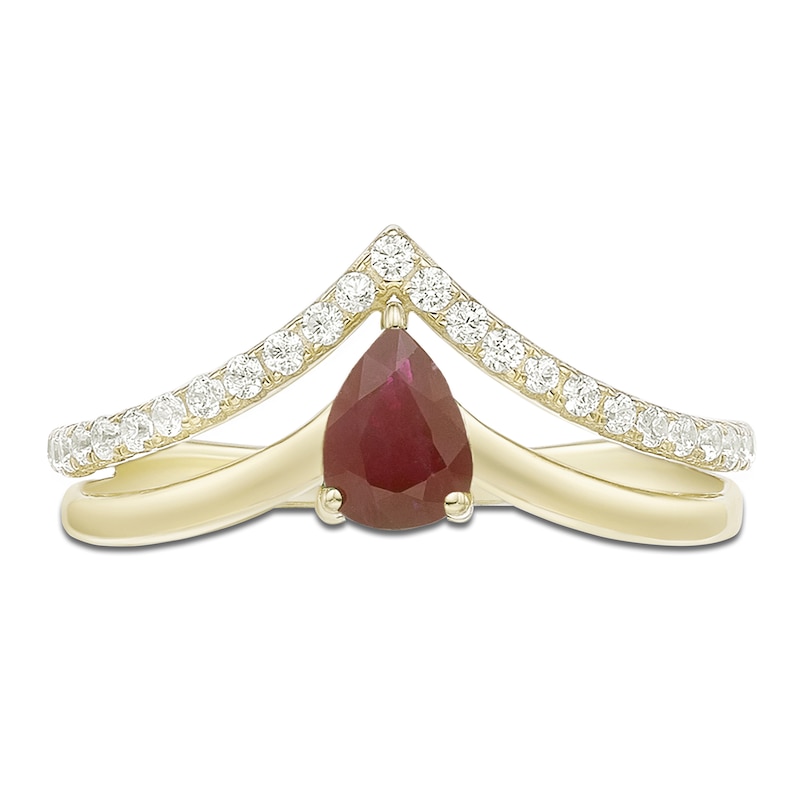 Main Image 3 of Pear-Shaped Natural Ruby & Diamond Split Chevron Ring 1/5 ct tw 10K Yellow Gold