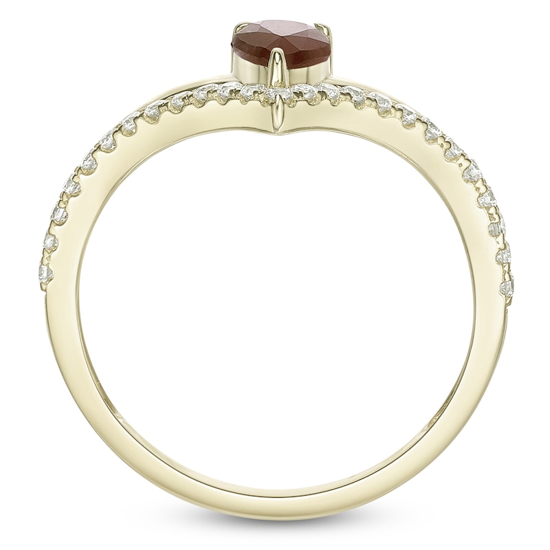 Main Image 4 of Pear-Shaped Natural Ruby & Diamond Split Chevron Ring 1/5 ct tw 10K Yellow Gold