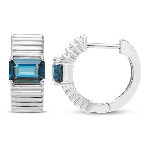 Octagon-Cut London Blue Topaz Huggie Hoop Earrings 10K White Gold
