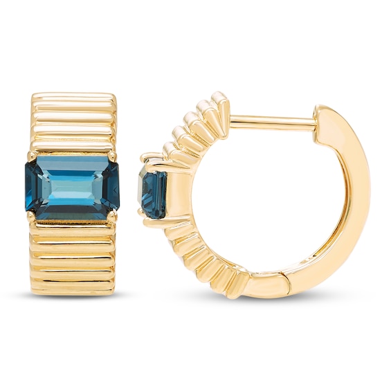 Octagon-Cut London Blue Topaz Huggie Hoop Earrings 10K Yellow Gold