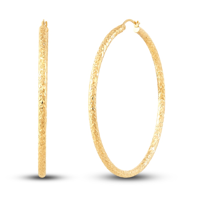 Diamond-Cut Round Tube Hoop Earrings 14K Yellow Gold