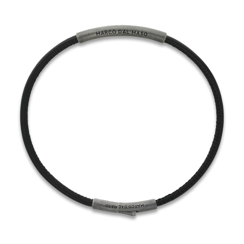 Marco Dal Maso Men's Thin Black Leather Bracelet Sterling Silver 8"