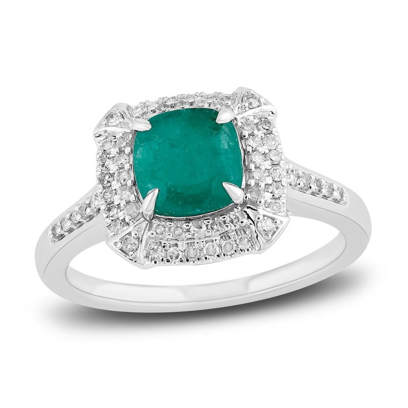 Main Image 1 of Natural Emerald Engagement Ring 1/4 ct tw Diamonds 14K White Gold