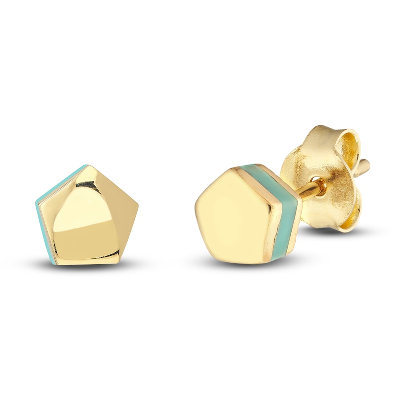 Main Image 1 of Pentagon Stud Earrings Turquoise Enamel 14K Yellow Gold