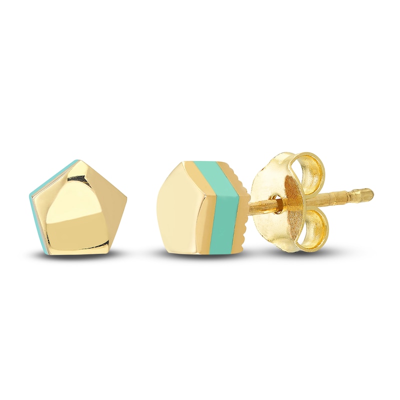 Main Image 2 of Pentagon Stud Earrings Turquoise Enamel 14K Yellow Gold
