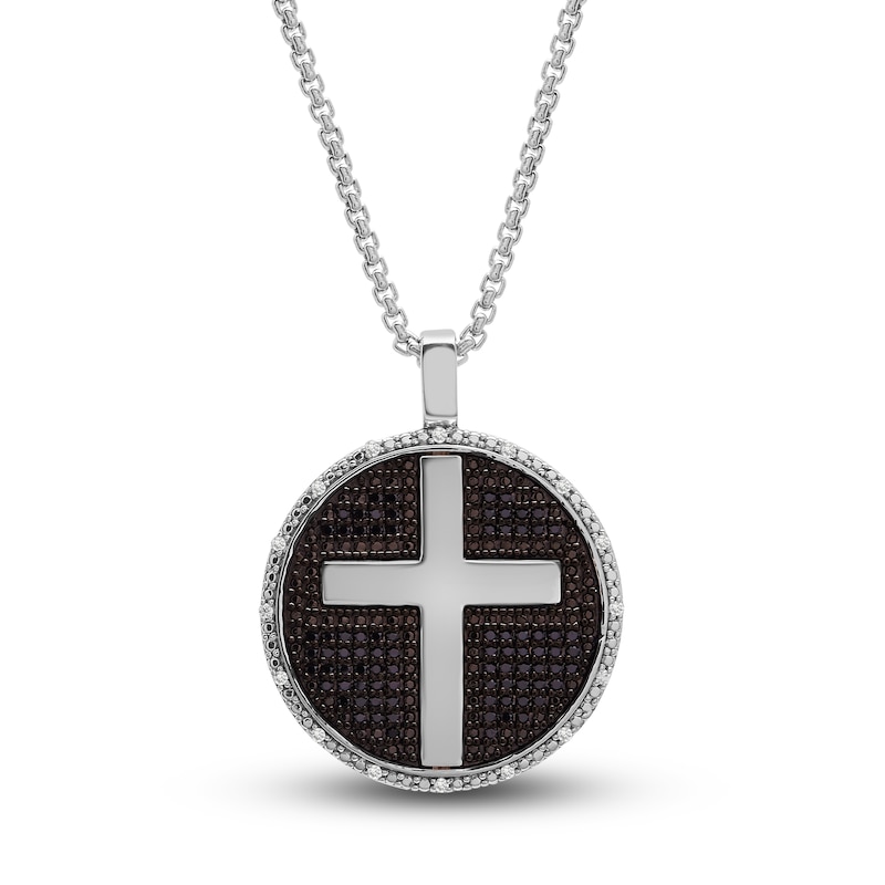 Men's Black & White Diamond Cross Pendant Necklace 1/2 ct tw Round Sterling Silver 22"