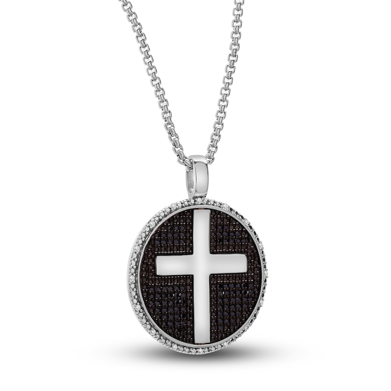Main Image 2 of Men's Black & White Diamond Cross Pendant Necklace 1/2 ct tw Round Sterling Silver 22"
