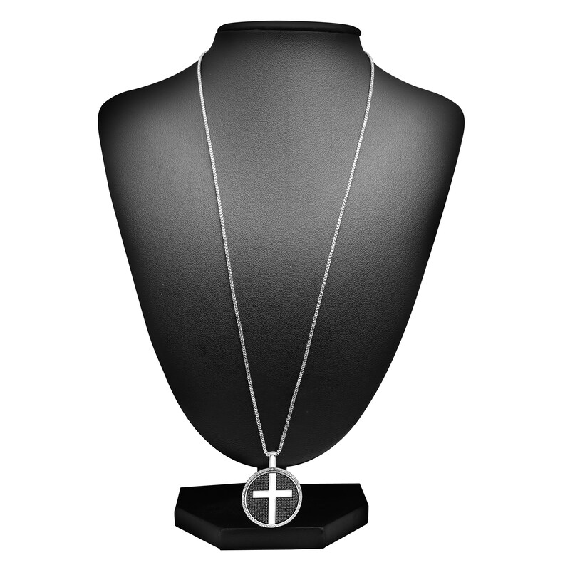 Main Image 3 of Men's Black & White Diamond Cross Pendant Necklace 1/2 ct tw Round Sterling Silver 22"