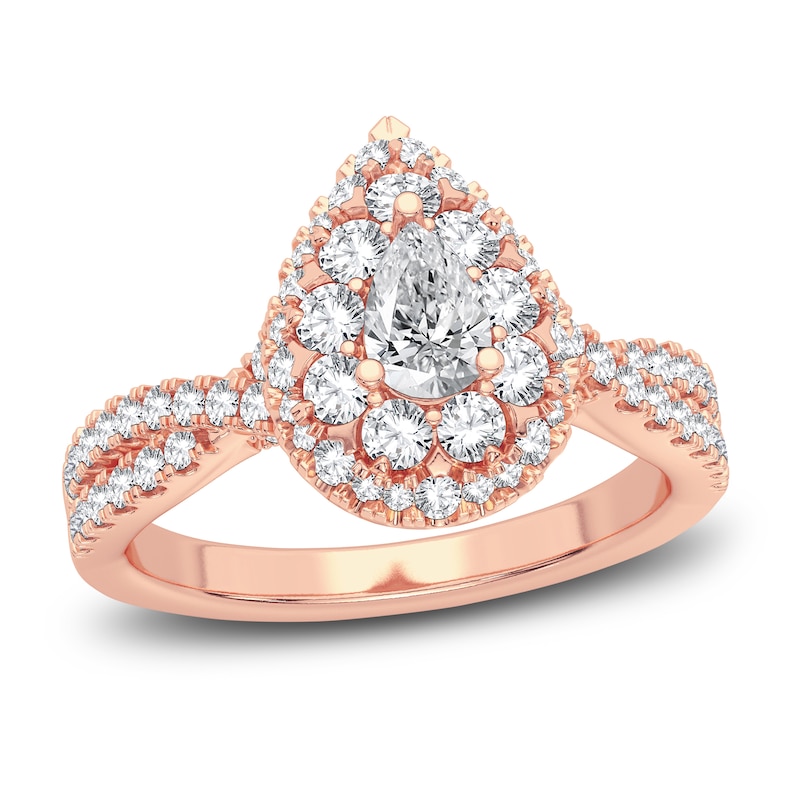 Main Image 1 of Diamond Double Halo Engagement Ring 1 ct tw Pear/Round 14K Rose Gold