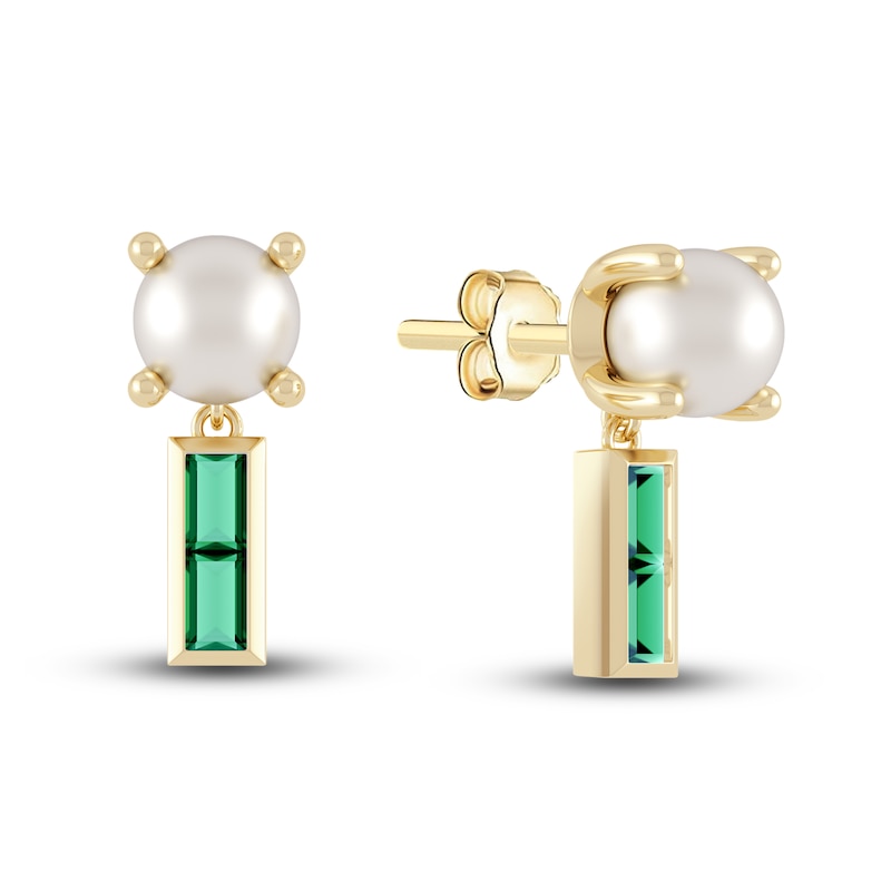 Juliette Maison Lab-Created Emerald Baguette and Cultured Freshwater Pearl Earrings 10K Yellow Gold