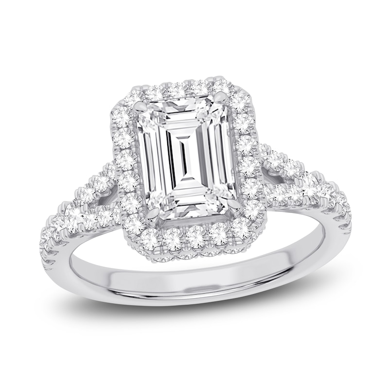 Main Image 1 of Lab-Grown Diamond Engagement Ring 2-3/4 ct tw Emerald/Round 14K White Gold