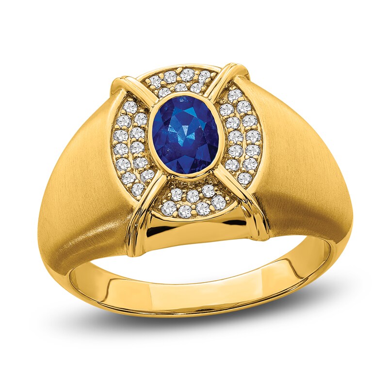Men's LabCreated Blue Sapphire Ring 1/5 ct tw Diamonds 14K Yellow Gold
