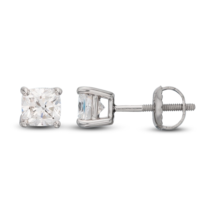 Main Image 2 of Lab-Grown Diamond Solitaire Stud Earrings 1 ct tw Cushion 14K White Gold (SI2/F)