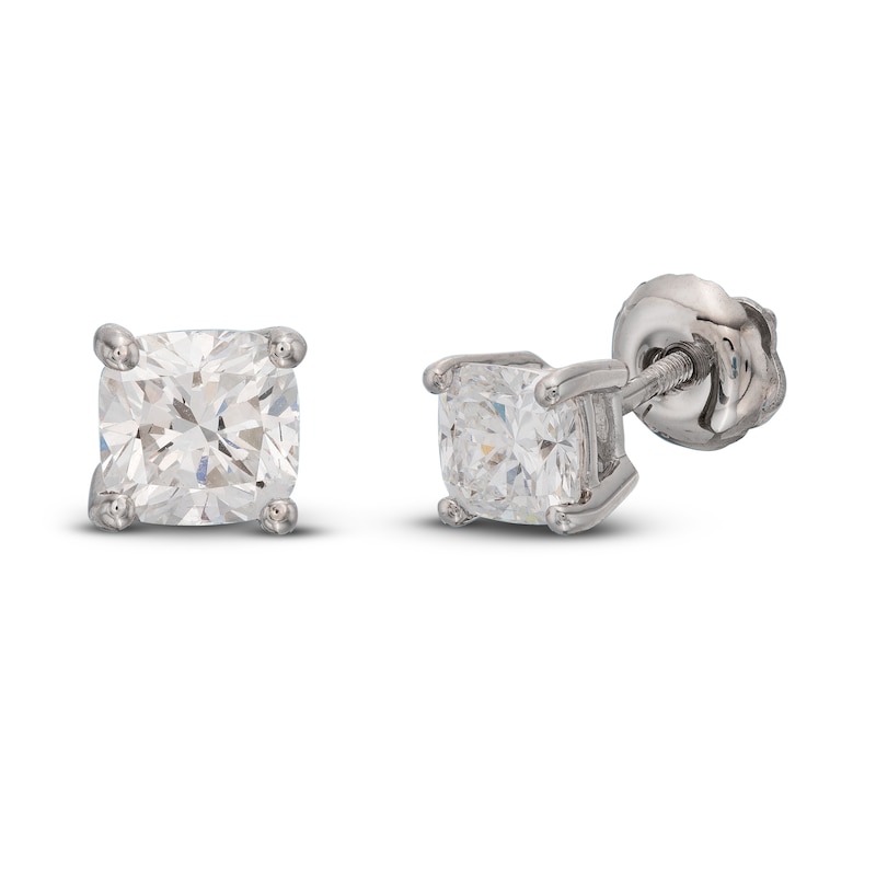 Main Image 3 of Lab-Grown Diamond Solitaire Stud Earrings 1 ct tw Cushion 14K White Gold (SI2/F)