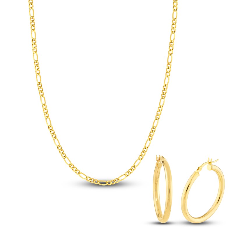 Main Image 1 of Figaro Chain Necklace & Hoop Earring Set 14K Yellow Gold 3.9mm