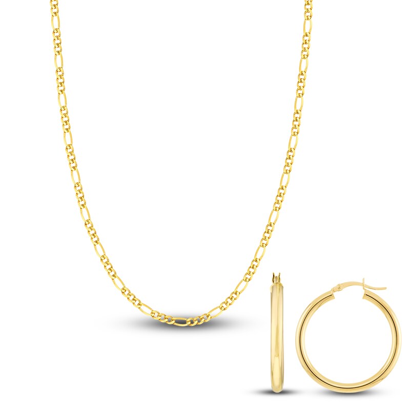 Main Image 2 of Figaro Chain Necklace & Hoop Earring Set 14K Yellow Gold 3.9mm