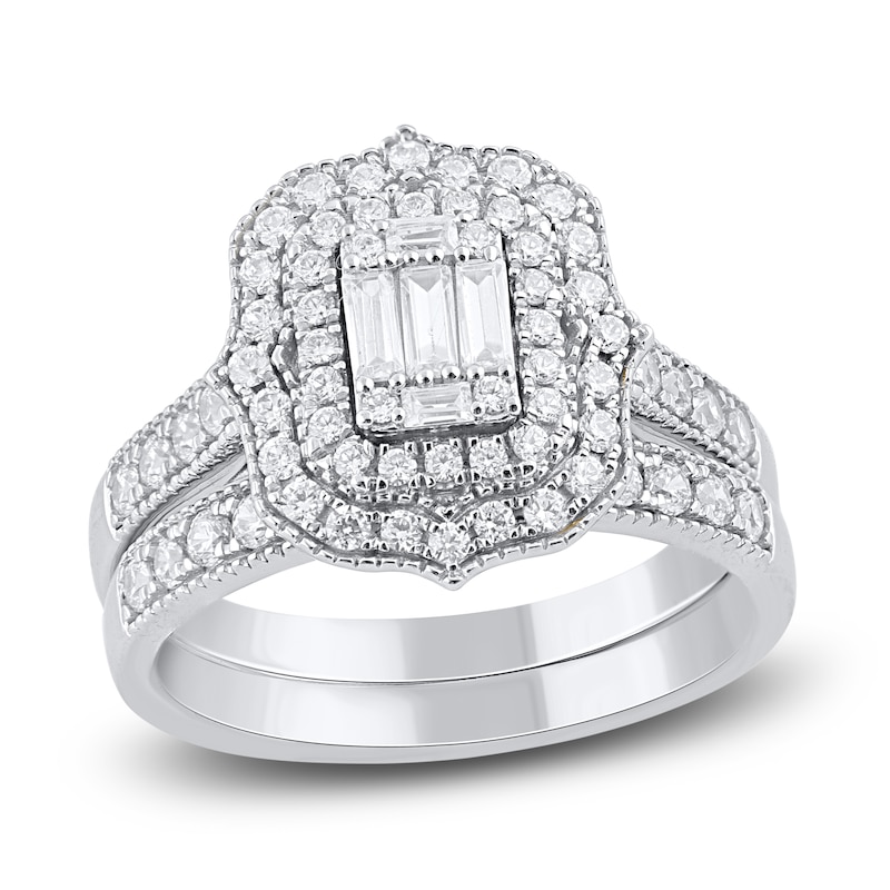 Baguette & Round-Cut Double Halo Bridal Set 1 ct tw 14K White Gold