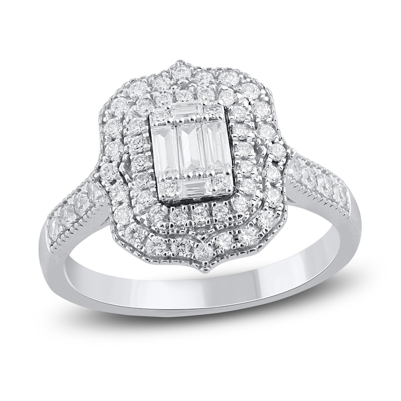 Main Image 2 of Baguette & Round-Cut Double Halo Bridal Set 1 ct tw 14K White Gold
