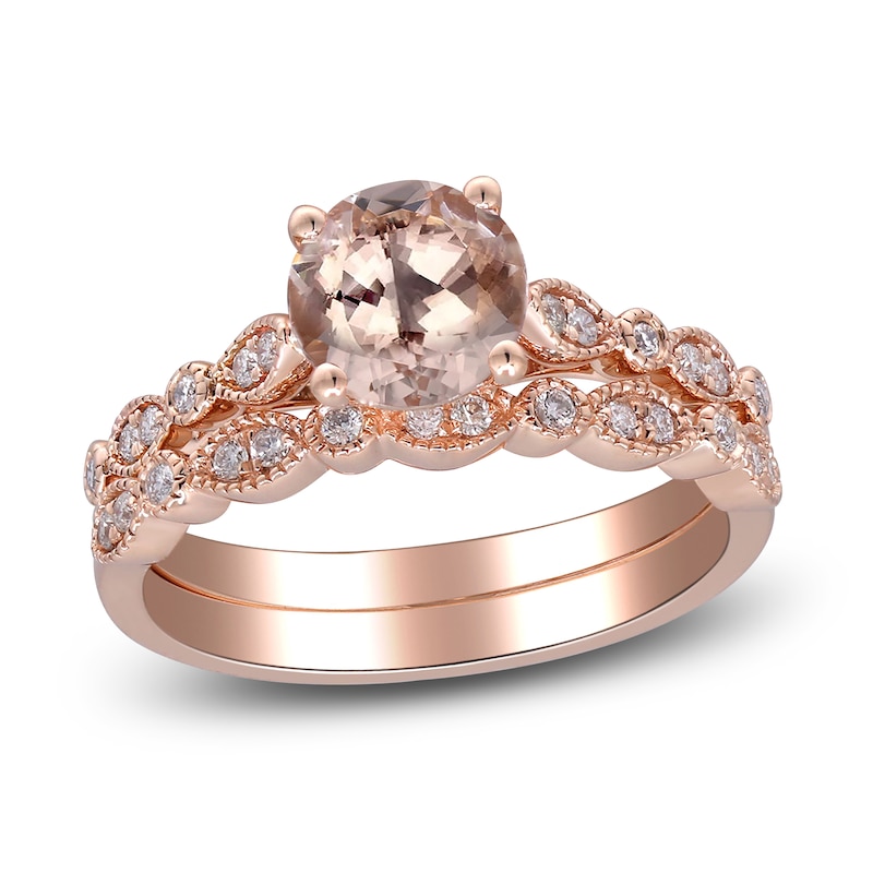 Main Image 1 of Natural Morganite & Diamond Milgrain Bridal Set 1/5 ct tw 14K Rose Gold