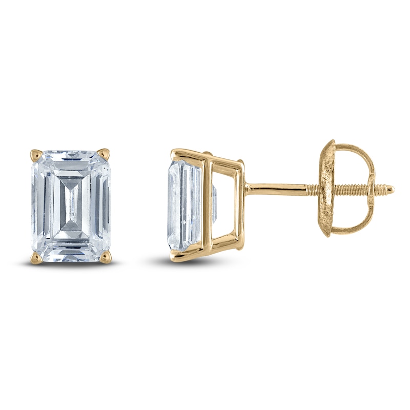Main Image 1 of Emerald-Cut Lab-Grown Diamond Solitaire Stud Earrings 1 ct tw 14K Yellow Gold (F/SI2)