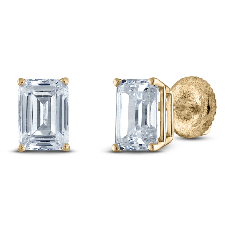Main Image 2 of Emerald-Cut Lab-Grown Diamond Solitaire Stud Earrings 1 ct tw 14K Yellow Gold (F/SI2)