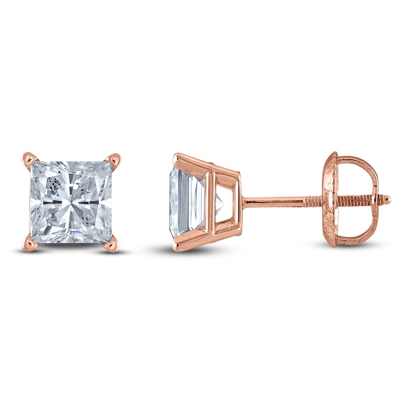Main Image 1 of Princess-Cut Lab-Grown Diamond Solitaire Stud Earrings 4 ct tw 14K Rose Gold (F/SI2)