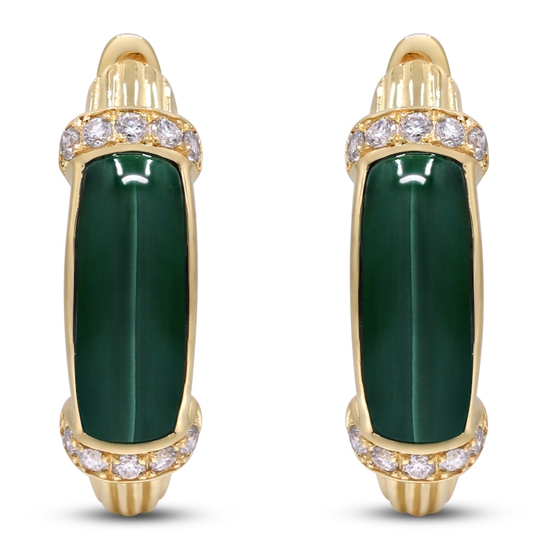 Main Image 1 of Natural Malachite & Diamond Hoop Earrings 1/8 ct tw 14K Yellow Gold