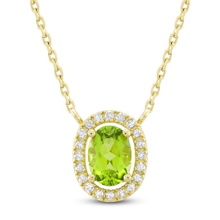 Oval-Cut Natural Peridot & Diamond Halo Necklace 1/10 ct tw 10K Yellow Gold 18"