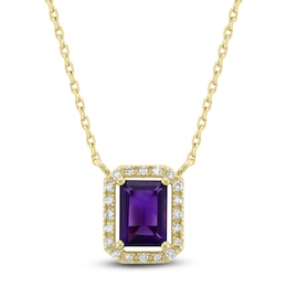 Rectangle-Cut Natural Amethyst & Diamond Necklace 1/10 ct tw 10K Yellow Gold 18"