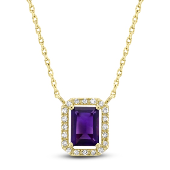 Rectangle-Cut Natural Amethyst & Diamond Necklace 1/10 ct tw 10K Yellow Gold 18"