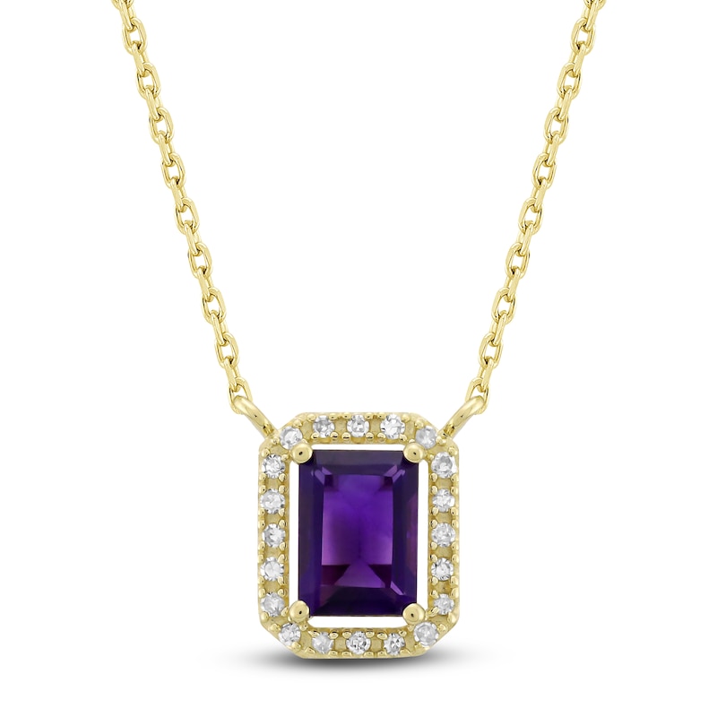 Main Image 1 of Rectangle-Cut Natural Amethyst & Diamond Necklace 1/10 ct tw 10K Yellow Gold 18"