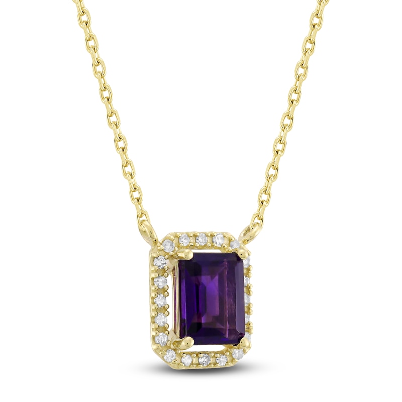 Main Image 2 of Rectangle-Cut Natural Amethyst & Diamond Necklace 1/10 ct tw 10K Yellow Gold 18"