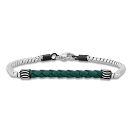 Men's Green Leather Box Chain Bracelet Stainless Steel & Black Ion Plating 8.5"