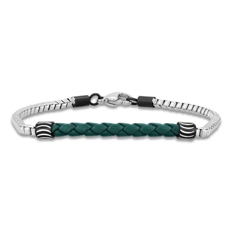 Main Image 1 of Men's Green Leather Box Chain Bracelet Stainless Steel & Black Ion Plating 8.5"