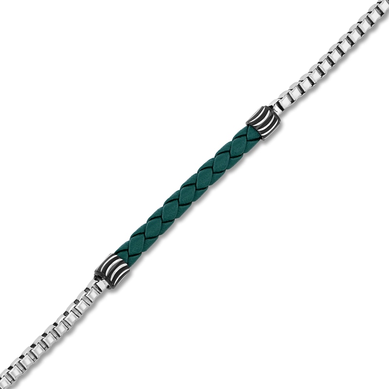 Main Image 2 of Men's Green Leather Box Chain Bracelet Stainless Steel & Black Ion Plating 8.5"