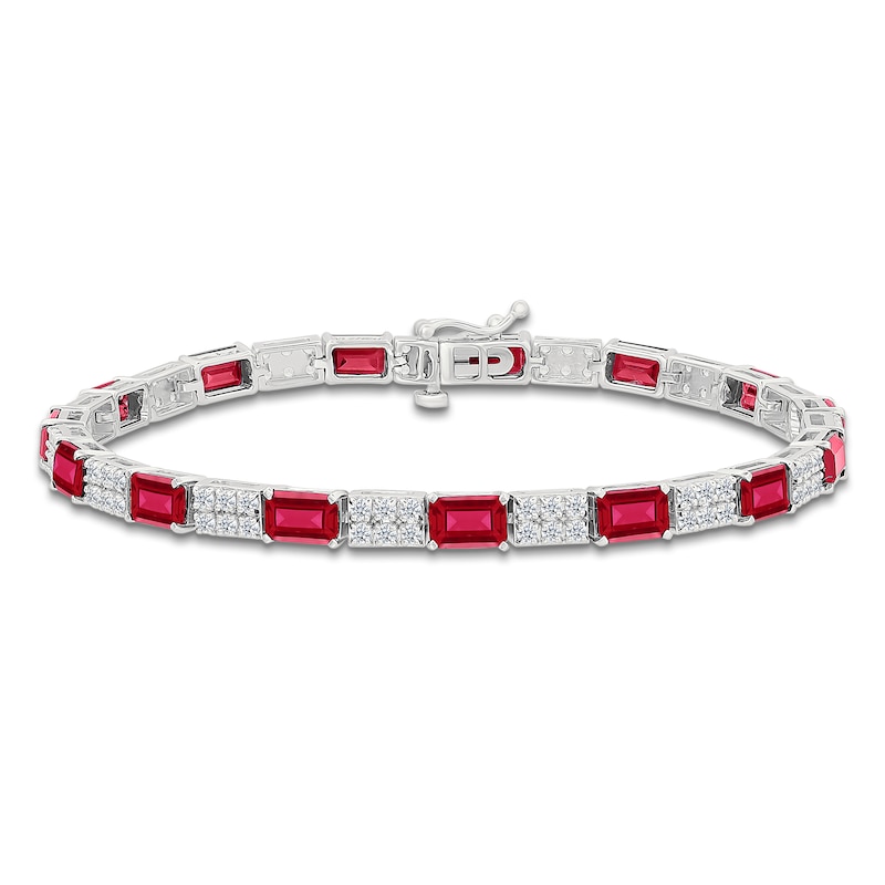 Main Image 1 of Rectangle-Cut Lab-Created Ruby & White Lab-Created Sapphire Bracelet Sterling Silver 7.25"
