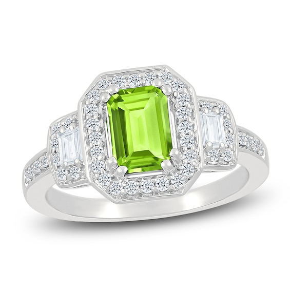 Rectangle-Cut Natural Peridot & White Lab-Created Sapphire Halo Ring Sterling Silver