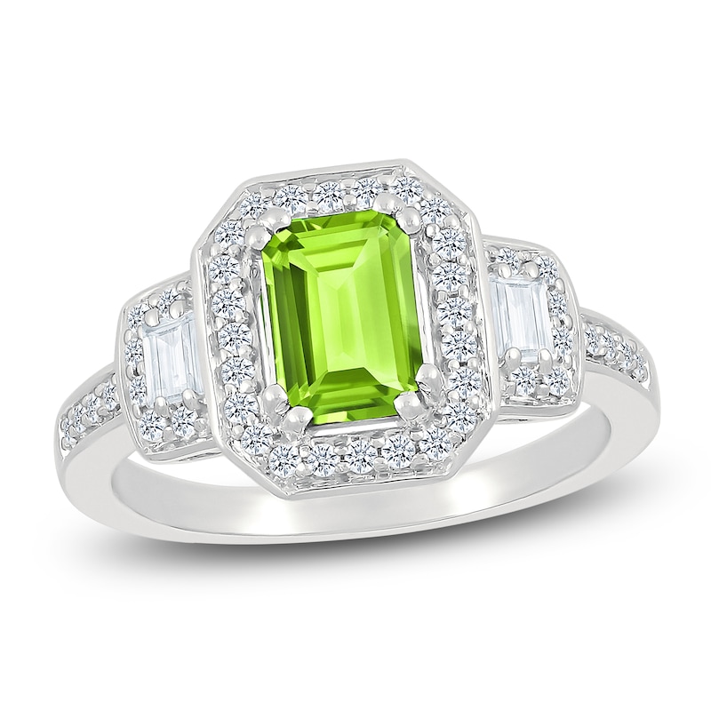 Main Image 1 of Rectangle-Cut Natural Peridot & White Lab-Created Sapphire Halo Ring Sterling Silver