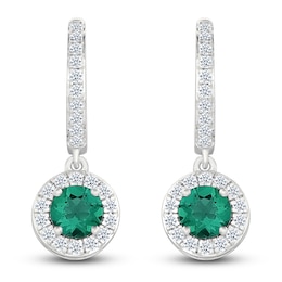 Lab-Created Emerald & White Lab-Created Sapphire Dangle Hoop Earrings Sterling Silver
